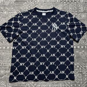 MLB Old School NY Yankees All Over Print T-Shirt Medium Blue Logo FLAW Baseball